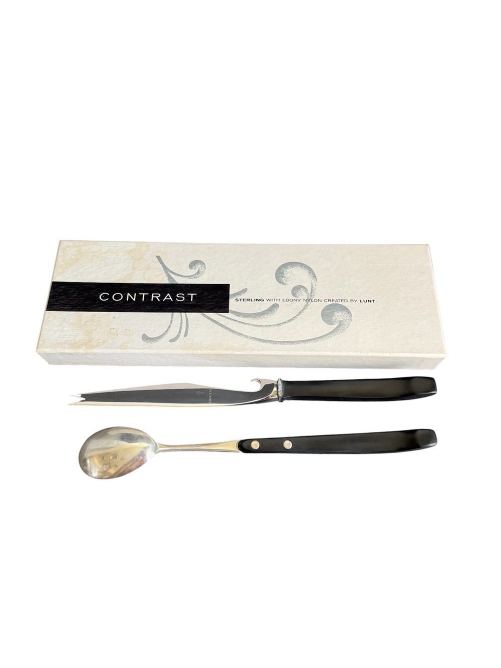 Vintage Lunt Sterling Silver Hostess Set Contrast‎ Ebony Bar Knife Spoon  MCM